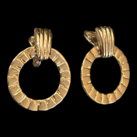 Monet Jewelry - Vintage Monet Gold Tone Textured Hoop Clip-On Earrings Statement Dangles NWT